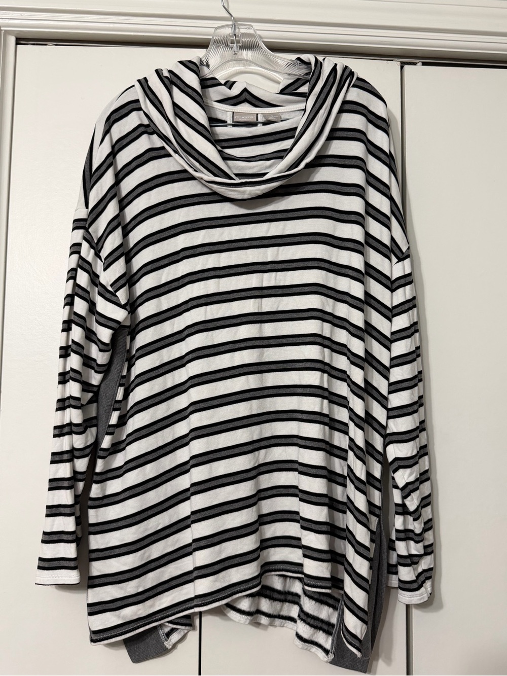 Chicos ZEnergy Black, White, Gray Striped Cowl Neck Women's Sweater Long Sleeve